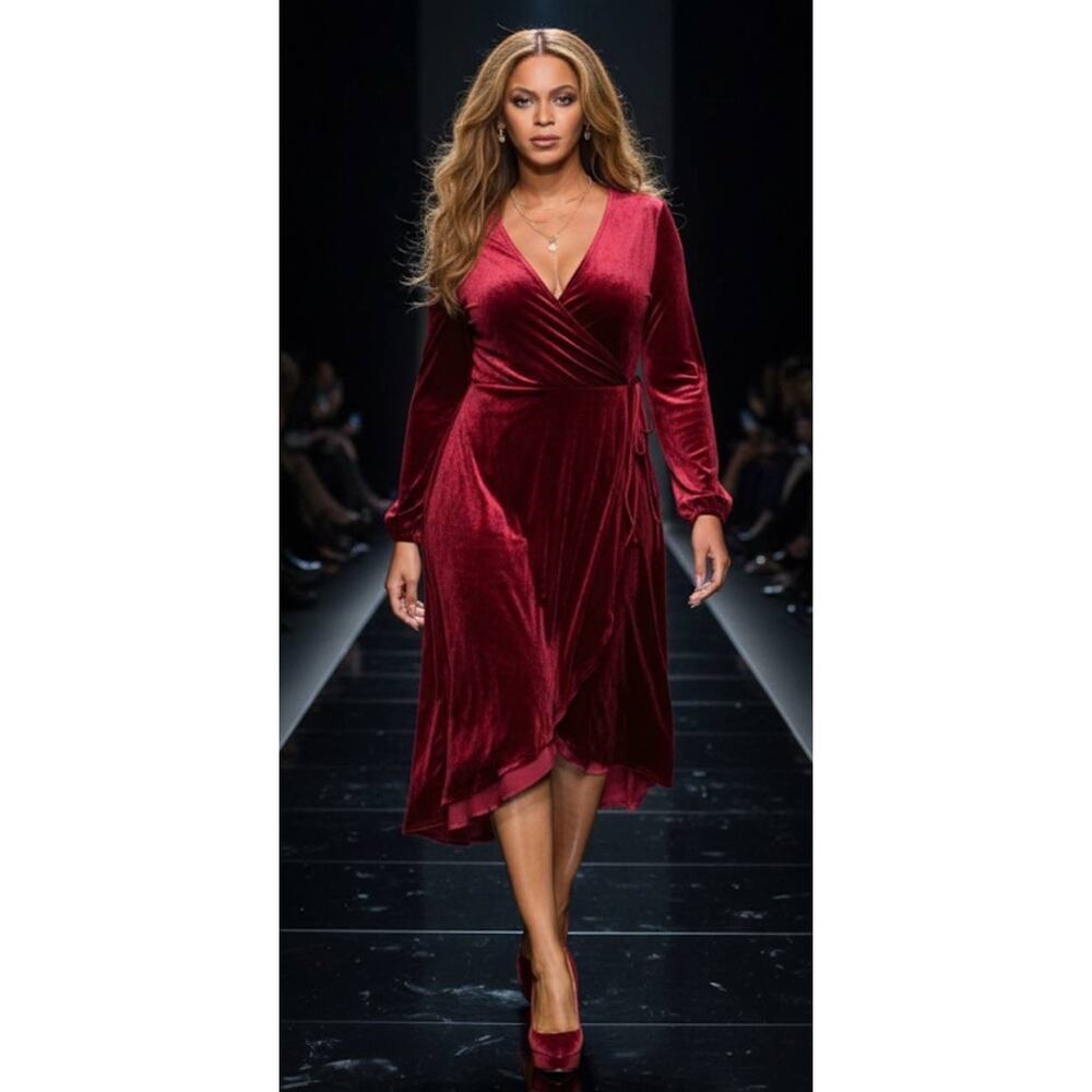Kate & Mallory 1X Plus Burgundy Velvet Faux Wrap Midi Dress Holiday Party‎ VNeck